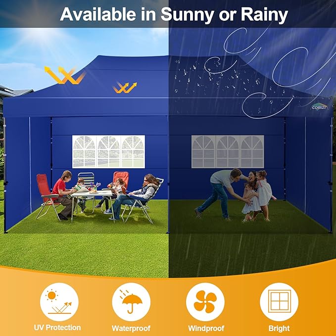 COBIZI 10x20 Pop up Canopy Tent 10x20 Canopy with 6 Sidewalls Waterproof Heavy Duty Commercial Canopy Tent for Parties Outdoor Garden Gazebo, Carry Bag with Wheel(10x20ft, Dark Blue)