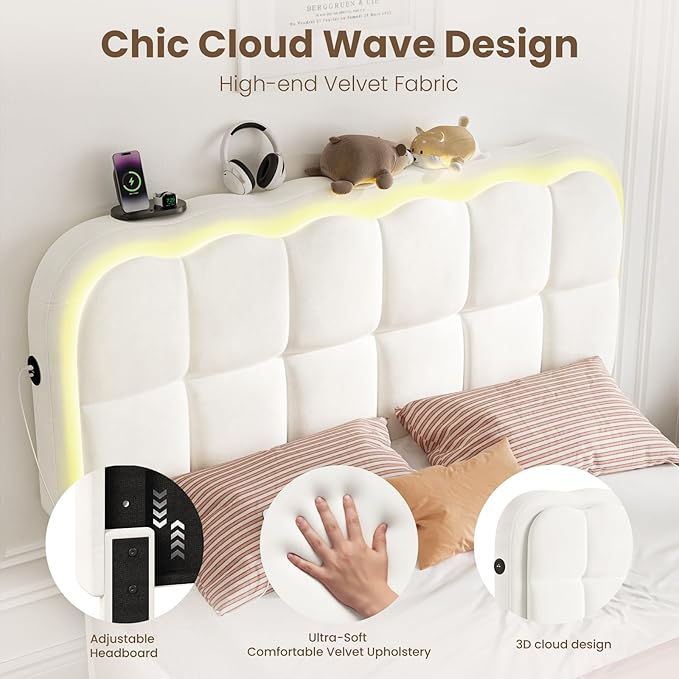 Full Size Bed Frame with 4 Storage Drawers and LED, Adjustable Clouds Headborad, Velvet Upholstered Platform Full Bed Frame with Charing Station, Wood Slats Support, No Box Spring Needed,White