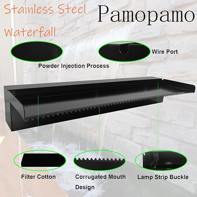 Pond Waterfall Spillway Pool Fountain Water Feature, Black Stainless Steel Outdoor Fountains, Swimming Pool Water Flow Waterfalls Kit for Garden Patio Ponds-35.4"x7.8"x3.9"(NO Light)
