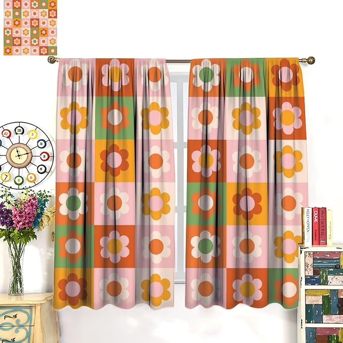 70s Flowers Curtains,Vintage Cute Colorful Abstract Floral for Girls Kids Bedroom Bathroom Curtains Window,Trendy Groovy Funky Novelty Home Window Treatments Drapes 55"" W X 63"" L, Style-5