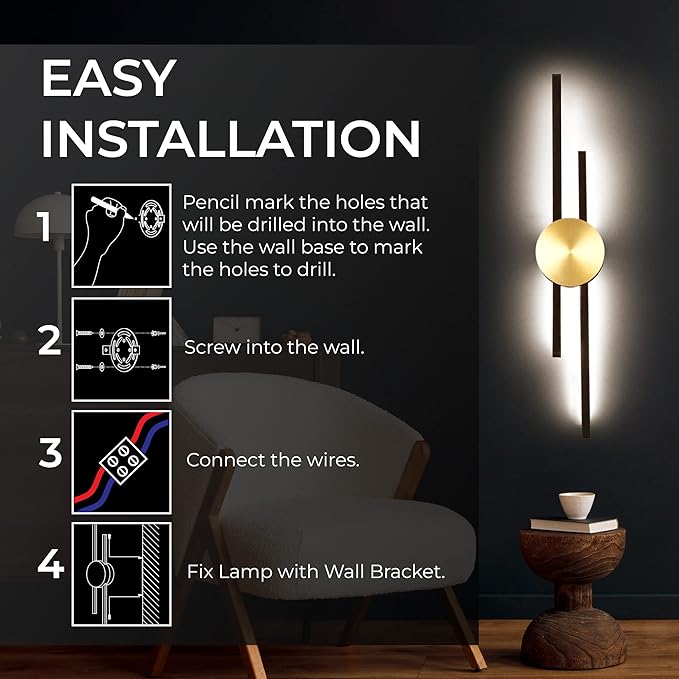 Ozarke Elles Minimalist LED Light Sconce, Modern Linear Wall Lamp, Warm White