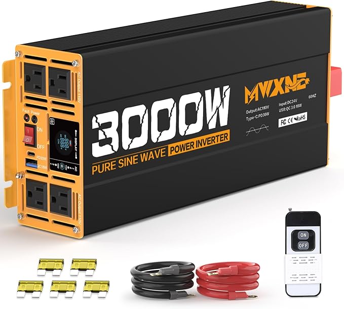 3000W Pure Sine Wave Inverter 24V DC to 110V 120V AC Converter for RV Truck Home Off-Grid Solar Power Inverter with Type-C PD30W/USB Port QC3.0 Quick Charging, 4 AC Outlets, Remote Control