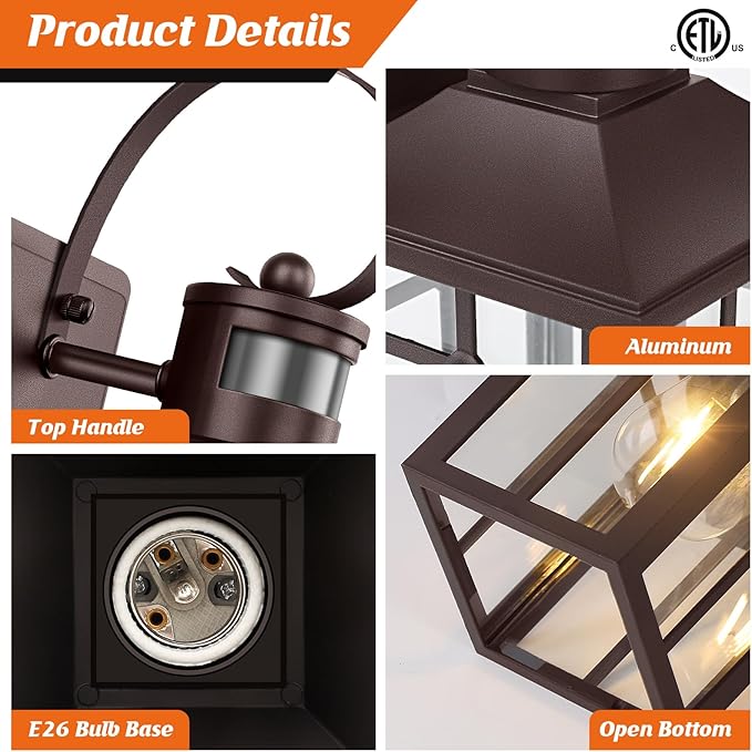 Bronze Porch Light 2-Pack, Motion Sensor Outdoor Lights, Aluminum Waterproof