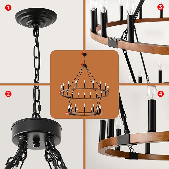 HHR 2 Tier 48'' Solid Wood Wagon Wheel Chandelier, 32-Light High Ceiling Island