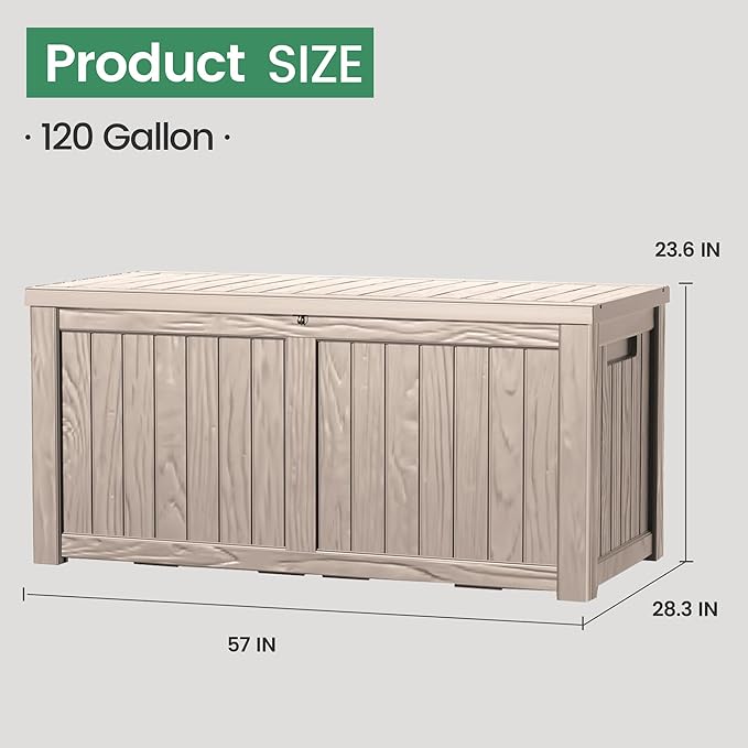 120 Outdoor Storage Box, Waterproof Resin Deck Box for Indoor & Outdoor Use, Lockable Storage Bench with Piston Hinge, Storage Bin for Patio Cushions, Garden Tools, Package Delivery, Grey