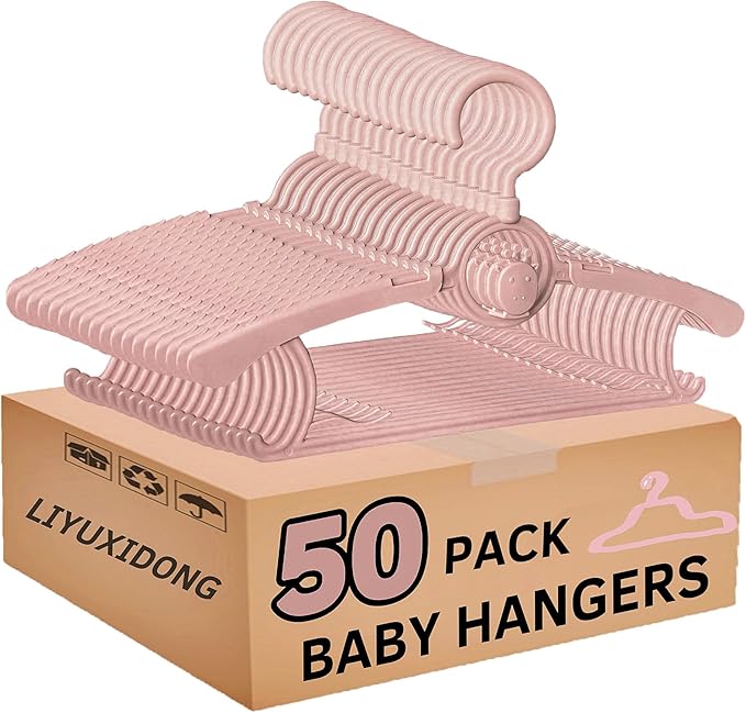 Baby Nursery Closet Hangers, 360° Swivel Hook Kids Hanger, Non-Slip Plastic Infant Hanger, 50pcs Nude Pink 11-14.5" Adjustable Baby Clothes Hangers for Girl Boy Toddler