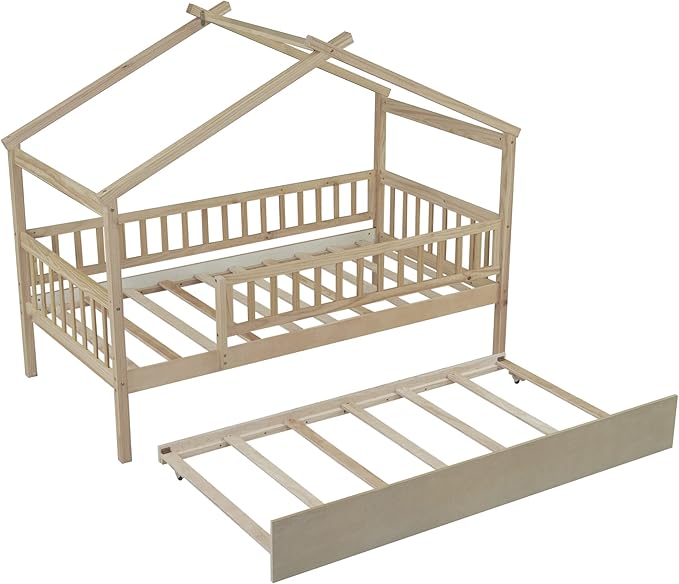 Harper & Bright Designs Twin House Bed with Trundle, Kids Platform Frame Rails and Roof, Tent Bed, Wood Playhouse Montessori for Teens Girls Boys, No Box Spring Needed (Natural)