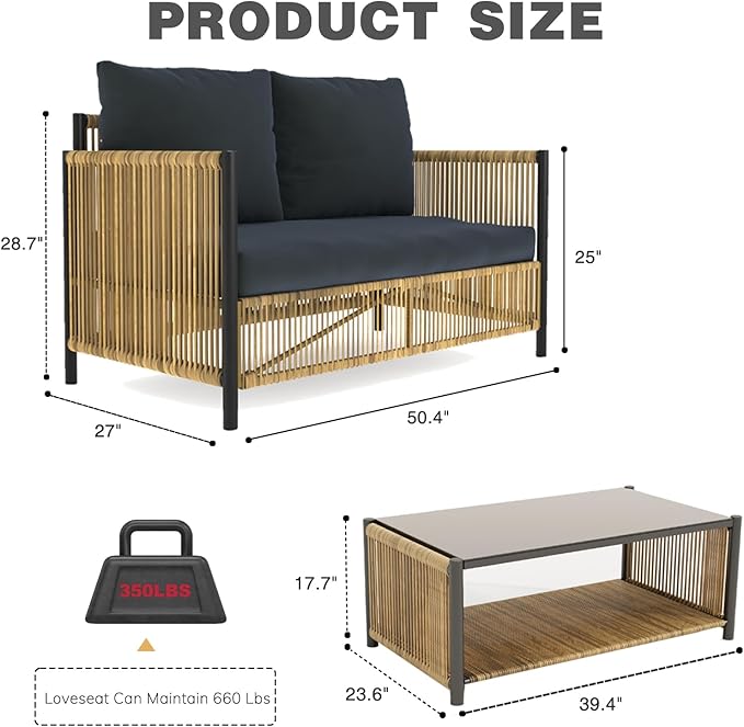Outdoor Wicker 2 Seater Sofa Set with Cushion and Coffee Table,Loveseat Patio Conversation Set W/Metal Frame,Removable Cover & Rattan Design,Waterproof & Easy Assembly for Backyard,Patio,Gray