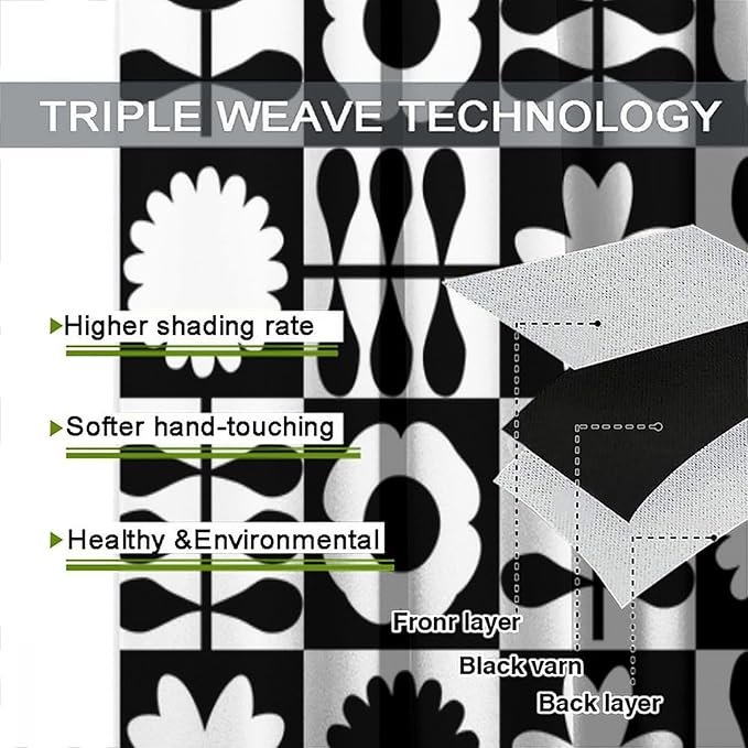 Mid Century Geometric Floral Curtains,Vintage 70s Window Treatments for Boys Girls Kids Bedroom Curtains,Boho Black and White Floral Curtains 42"" W X 54"" L, Style-10