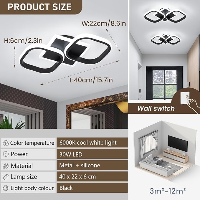 ElDISUNY Modern LED Ceiling Lights, 30W Black Square Ceiling Lights Fixture