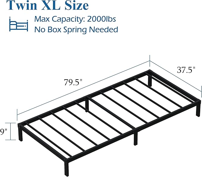 9 Inch Twin XL Bed Frames Heavy Duty Low Profile Metal Platform No Box Spring Needed Mattress Foundation, Easy to Assembly, Noise Free, Black
