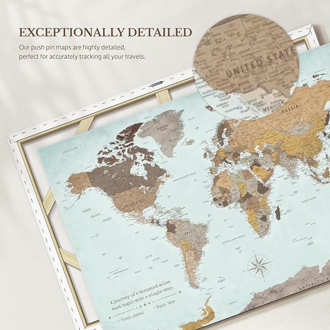 ElephantStock - A Thousand Miles World Push Pin Map Wall Art - Horizontal Canvas Wall Art - Living Room Wall Decor - Printmaking Map Canvas Art - Blue And Brown Decor - 30" x 20"