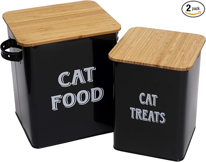 Pethiy Cat Food and Treats Containers Set with Scoop for Cats or Dogs -Tight Fitting Wood Lids - Coated Carbon Steel - Storage Canister Tins-Cat-Black