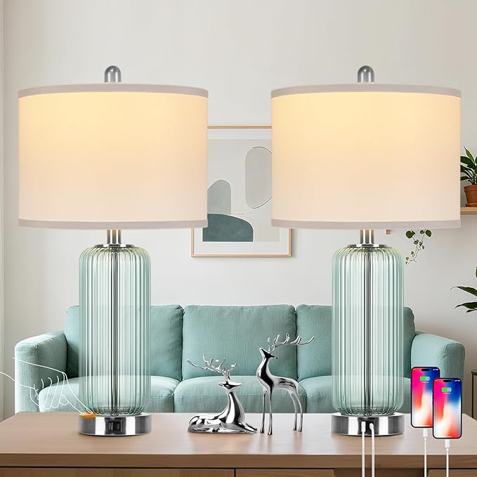 Table Lamps Set of 2 with Vertical Grained Glass, Teal Bedside Table Lamp
