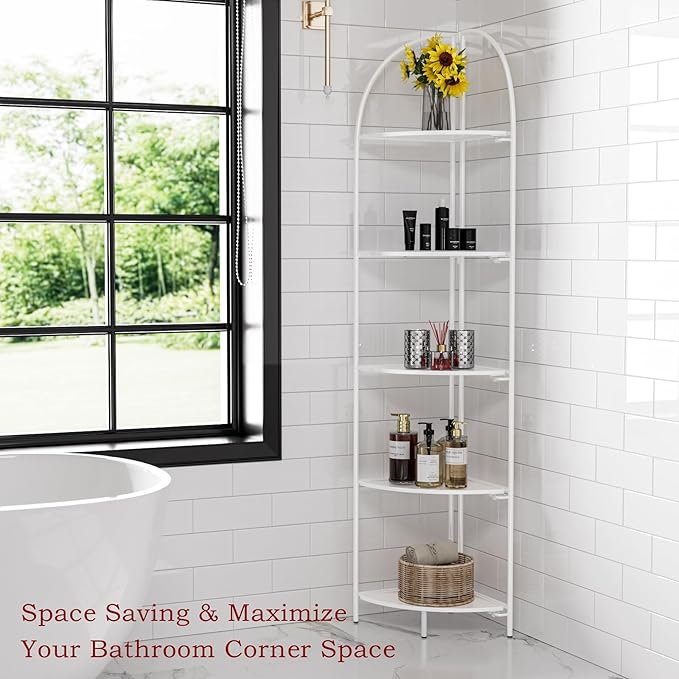 Crofy Foldable 5 Tier Corner Shelf, Metal Corner Plant Stand with White Frame and White Shelves, Corner Display Rack Multipurpose Shelving Unit for Living Room, Bedroom, Bathroom