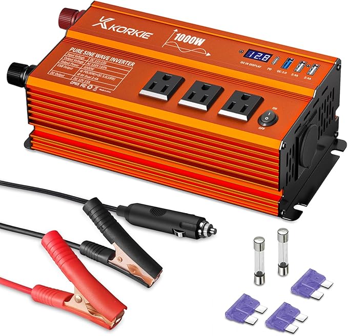 1000W Pure Sine Wave Inverter, Car Power Inverter, 12V DC to 110V AC Power Converter, Emergency Power Inverter with Type-C, Dual 5.2V/2.4A USB, 3AC Outlets for Home,Camping, RV, Truck, Vehicles