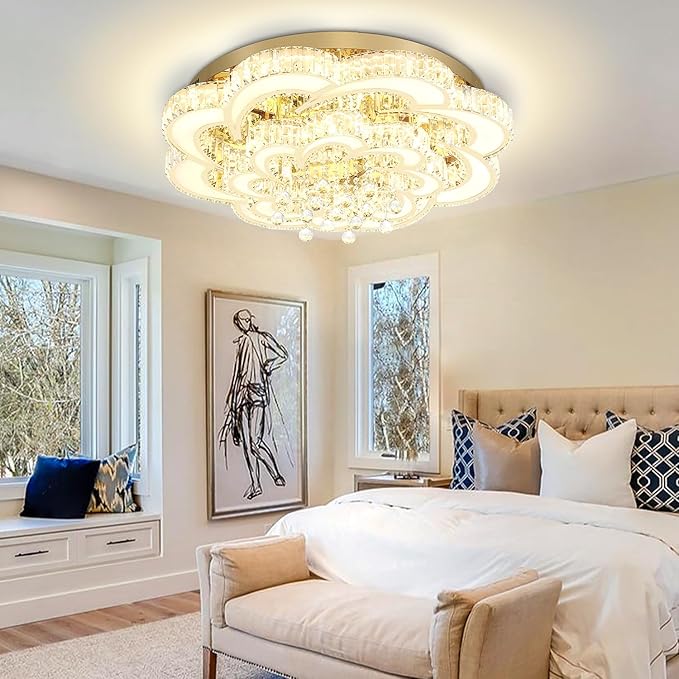 Dia 32'' Modern Crystal Chandelier Flush Mount Crystal Ceiling Light Fixture