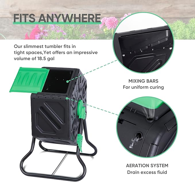 F2C 18.5 Gallon Compost Tumbler Compost Bin All-Season Outdoor BPA Free Single Rotating Chamber Composters w/ 2 Sliding Doors and Solid Steel Frame