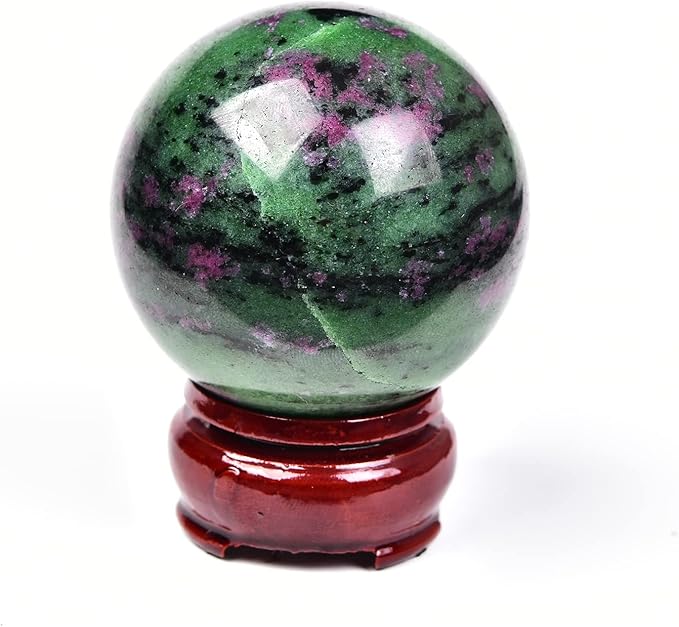 JIC Gem Small Red&Green Treasure Crystal Sphere Ball Natural Ruby Zoisite Healing Crystal Ball with Decoative Stand for Fengshui Meditation Decoation (50-60mm)