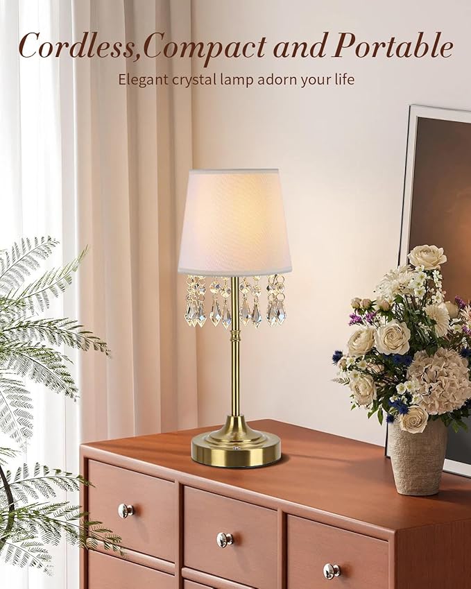 Cordless Table Lamp with Dangling Crystals, 3 Color Temperature Dimmable