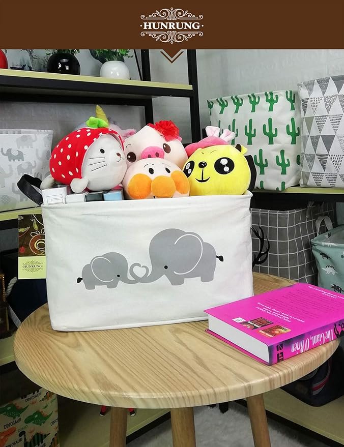HUNRUNG Rectangle Storage Basket Cute Canvas Organizer Bin for Pet/Children Toys, Books, Clothes Perfect for Rooms/Playroom(Elephant)