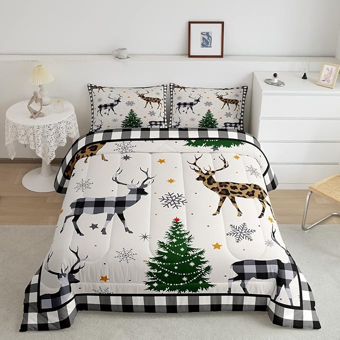 Kids Deer Silhouette Comforter Set Twin Size,Snowflake Pine Trees Bedding,Girls Boys Adults Bedroom/Xmas Cabin Decor,Geometric Grids Plaid Down Comforter,Rustic Farmhouse Duvet Insert,1 Pillowcase