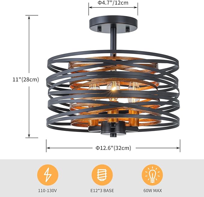 3-Lights Farmhouse Ceiling Light Fixture, Rustic Close to Ceiling
