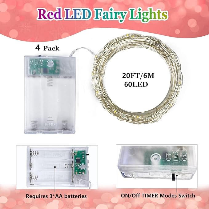 4 Pack Red and White Christmas String Lights, Each 20FT 60 LED Fairy Lights