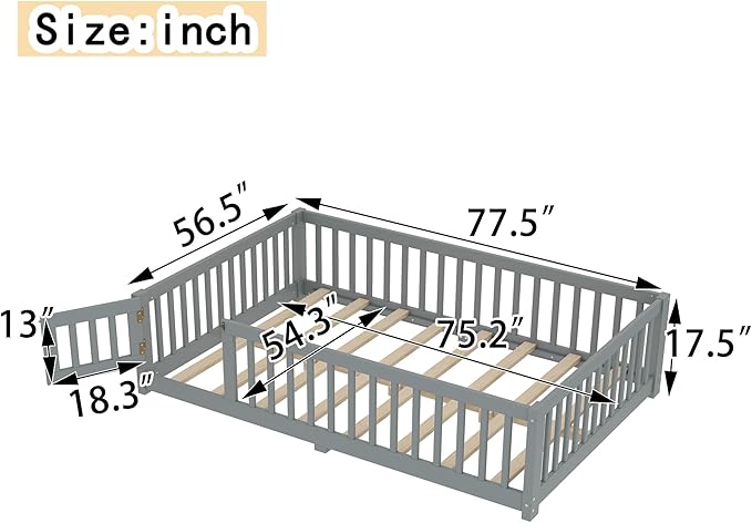 Bellemave Full Size Floor Bed with Rails for Kids, Girls, Boys, Pine,Plywood Floor Bed with slats and Door, Grey