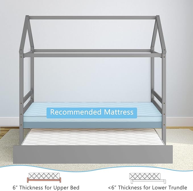 KOMFOTT Twin House Bed with Trundle, Solid Wood Playhouse Platform Bed Frame, Kids Daybed with Roof for Girls & Boys, No Box Spring Needed, Noise-Free Design, Easy Assembly, Grey