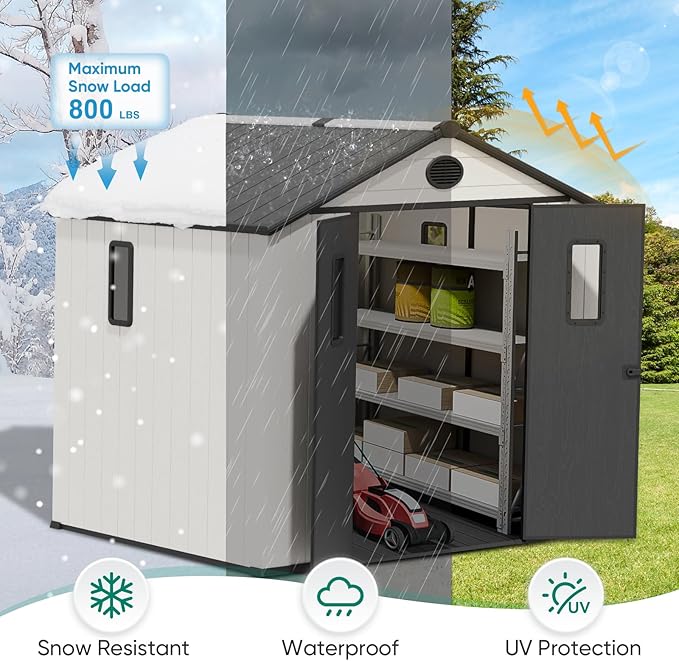 8x8 Resin Outdoor Storage Shed with Floor, Plastic Tool Shed for Gardening, Patio, and Deck, White/Gray