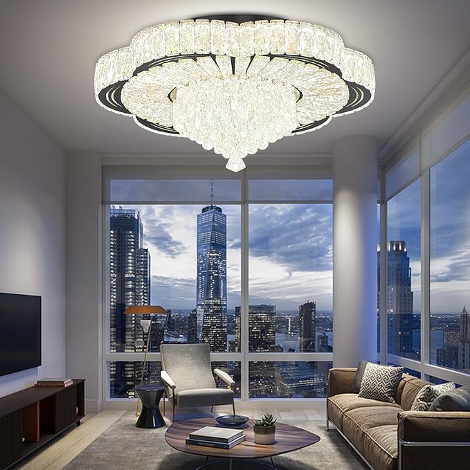 Modern Empire Crystal Chandelier Black 24inches Crystal Raindrop Ceiling Light