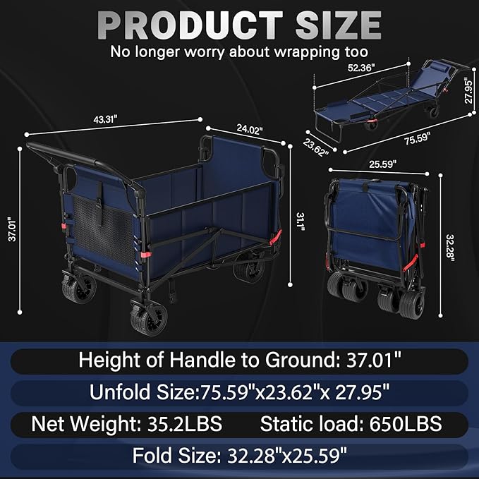 LEVELEVE Heavy Duty Folding Wagon - 2-in-1 Collapsible Cart, 650lb Capacity, All-Terrain Wheels w/Brakes & Side Pockets (Blue)