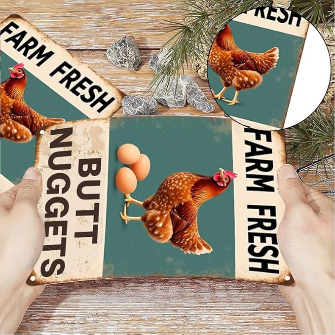 Vintage Metal Signs Chicken Coop Signs for Farm Yard Decor, Farm Tin Signs for Home Kitchen Outdoor Decor, Fresh Butt Nuggets 8x12 inches