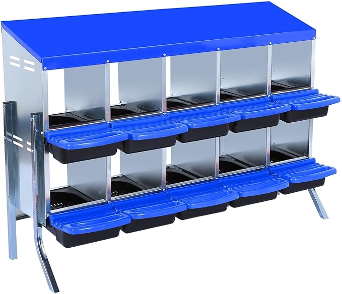 [10-Pack] Chicken Nest Box for Hens - Galvanized Steel Wall-Mounted or Freestanding Chicken Nest with Ventilation Holes - Poultry Box with Legs for Egg Laying (Blue)