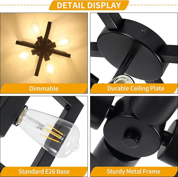 15" Black Geometric Semi Flush Mount Ceiling Light Fixture, 4-Light Modern