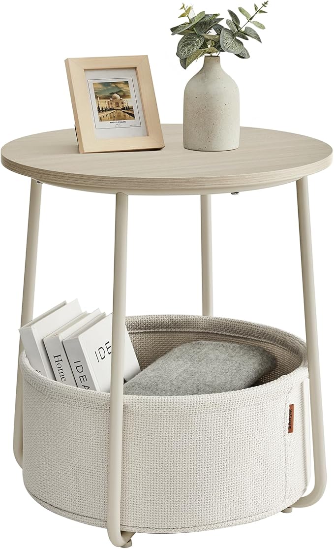VASAGLE LILEA Collection - Small Round Side End Table, Modern Nightstand with Fabric Basket, Cream White ULET223K67