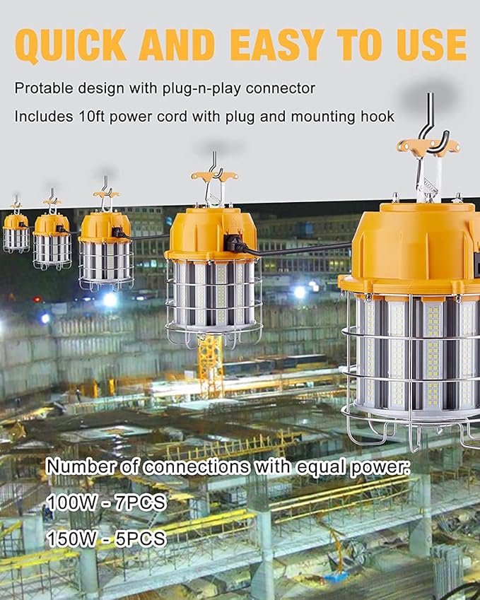 LED Temporary Work Light 100W LED Construction Lights 12, 000lm 5000K Daylight