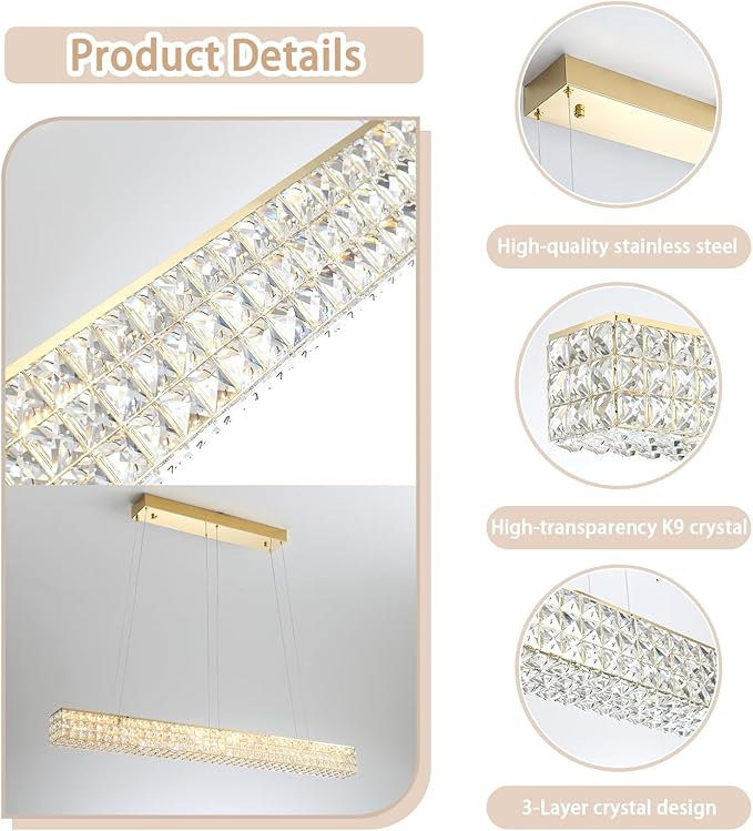W48 Rectangular Gold Crystal Chandelier Modern Rectangle Pendant Ceiling Light