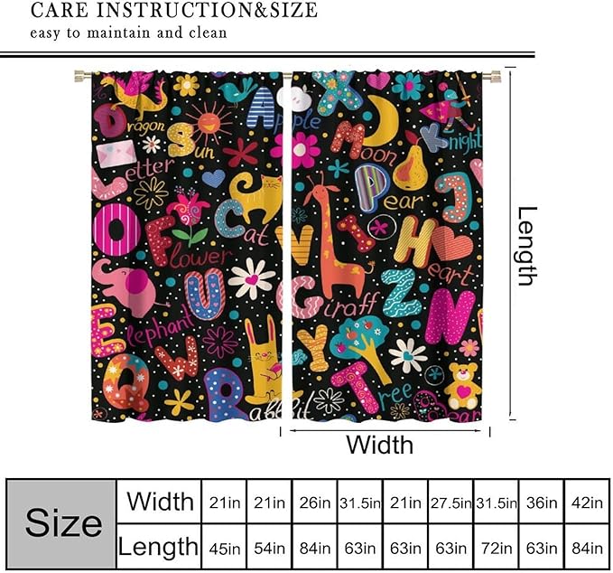 Cartoon Alphabet Curtains Funny Education Animal Giraffe Curtain with Rod Pocket for Bedroom Living Room Home Decor Drapes Thermal Insulated Window Treatments 2 Panels Set 42" W X 63" L