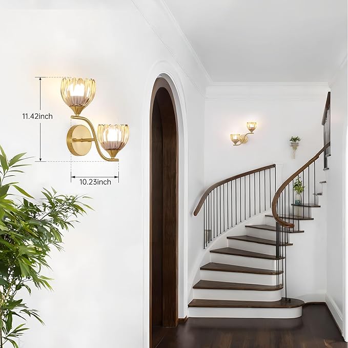 Battery Operated Wall Sconce, 2-Lights Vinatge Brass Wall Lighting