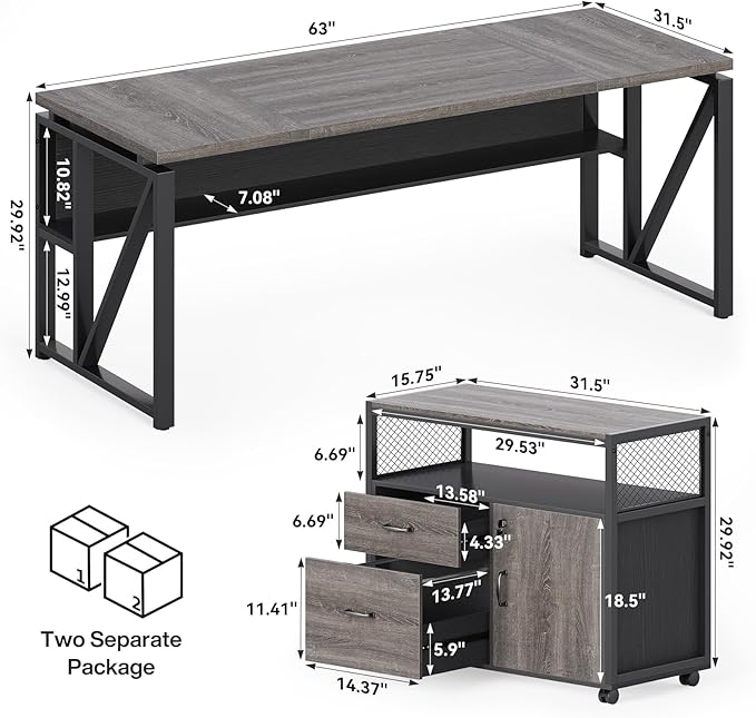 LITTLE TREE 63-Inch Office Desk with 31.5-Inch Lateral File Cabinet, Study Writing Desk Computer Desk for Home Office