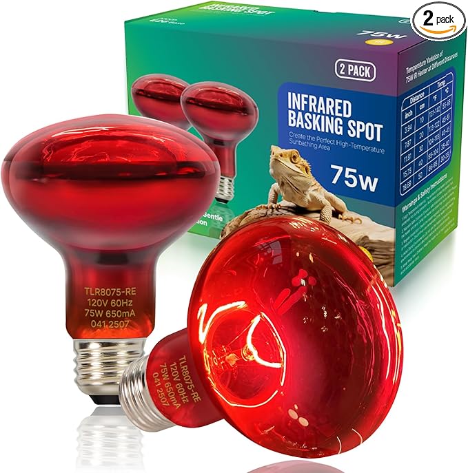 FLSNT 2 Pack Reptile Red Heat Lamp Bulbs, 75W Infrared Basking Spot Light for Turtles, Leopard Gecko, Ball Python, Bearded Dragon, Chicken