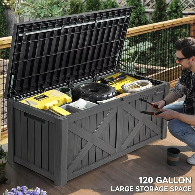 YITAHOME 120 Gallon Large Deck Box with X-Shaped Front, Resin Outdoor Storage Boxes, Waterproof Cushion Storage Bench for Patio, Pool Supplies, Garden Tools - Lockable, Dark Gray