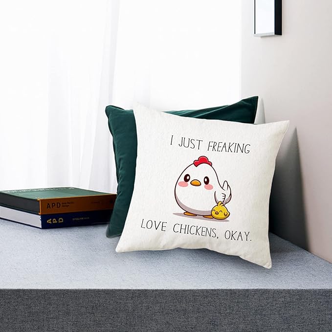 Sidhua Farmhouse Chicken Themed Pillowcase Decorations for Home, I Just Freaking Love Chickens Okay Chicken Throw Pillow Cover 18”x18”, Chicken Lover Gifts, Farmer Girl Woman Gifts