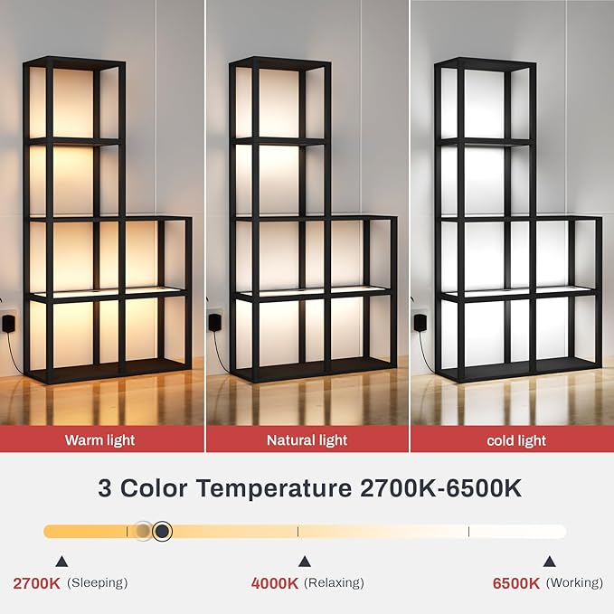 Display Shelf with LED Light Standing Floor Lamp with Glass Storage Shelves