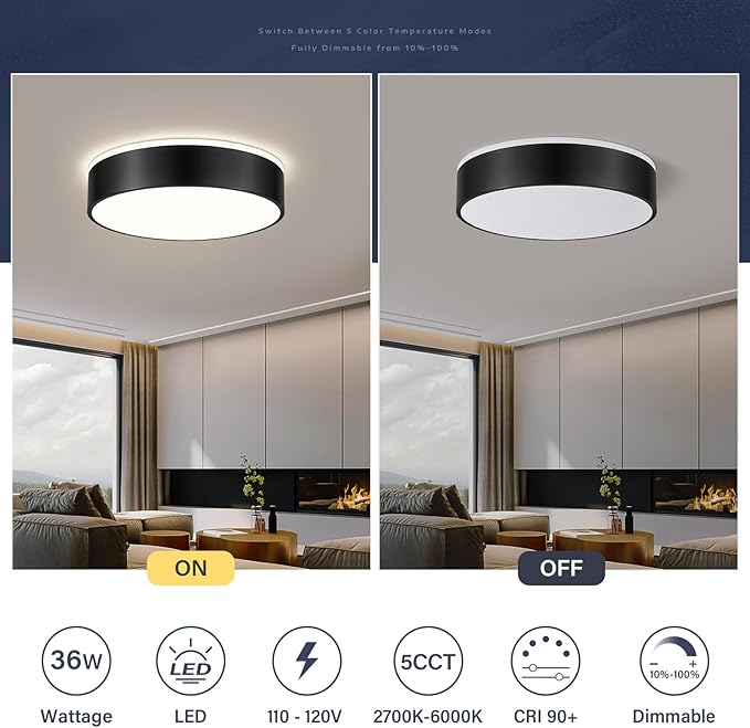 Dimmable Black LED Large Flush Mount Ceiling Light, 5CCT 2700K-6000K Ceiling