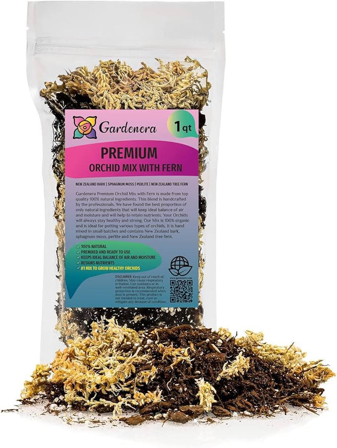 Gardenera Premium Orchid Mix by GARDENERA | Fern + New Zealand Pine Bark + Sphagnum Moss + Perlite | Best for Growing and Repotting Orchids - 1 Quart Bag