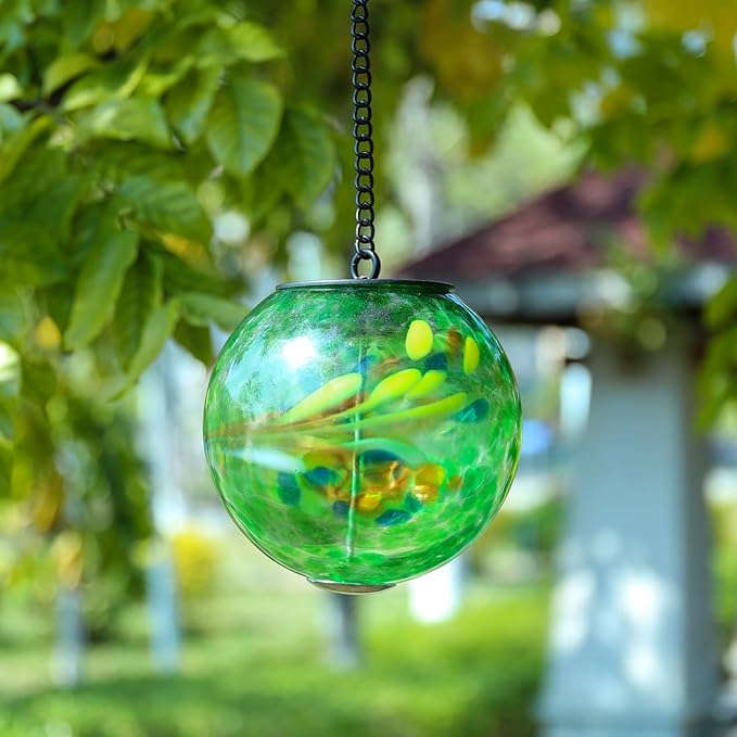 VCUTEKA Solar Hanging Lanterns, Outdoor Glass Gazing Ball Lights with Hook, Waterproof Energy-Efficient Solar Lanterns for Garden, Yard, Tree and Patio Decor, Green