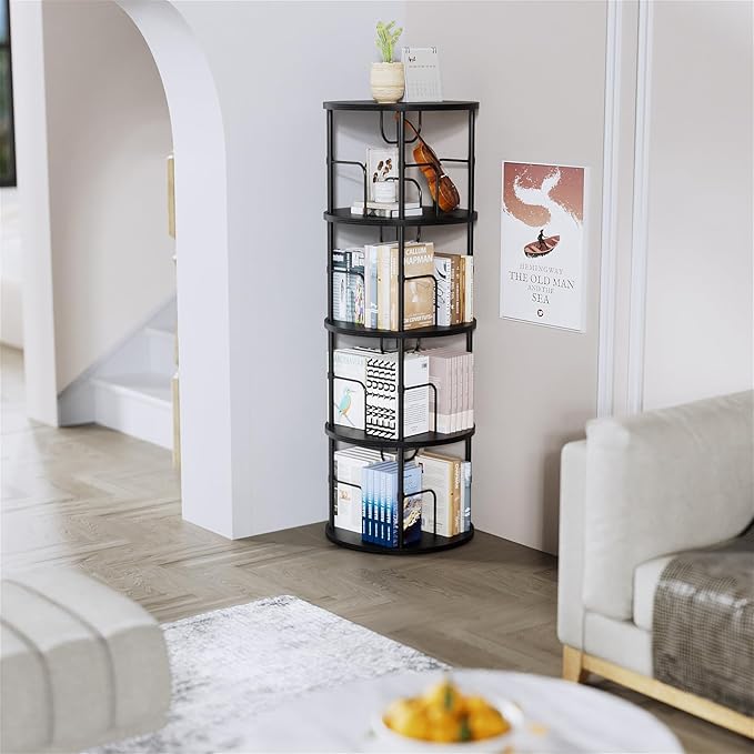 Rotating Bookshelf, 4 Tier Spinning Bookshelf Tower, 360° Display Round Bookcase, Floor Standing Corner Revolving Bookshelf Organizer Storage Rack for Small Spaces, Home Study Office, Black